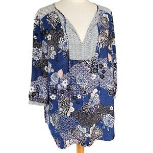 NYDJ Women’s Popover Tunic Top Size 0X Mixed Print Floral Boho Cottagecore Flowy